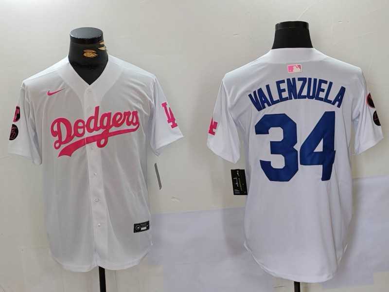 Mens Los Angeles Dodgers #34 Fernando Valenzuela White Pink Vin & Kobe Patch Stitched Baseball Jersey